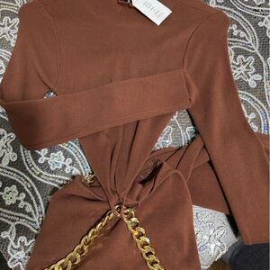 Hera Collection Rust Brown Maxi Dress Cutout with Subtle Gold Metal Chain